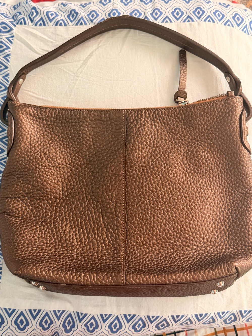 Hogan Italy Metallic Bronze Pebbled Leather Hobo Shoulder Bag Luxury Minimalist